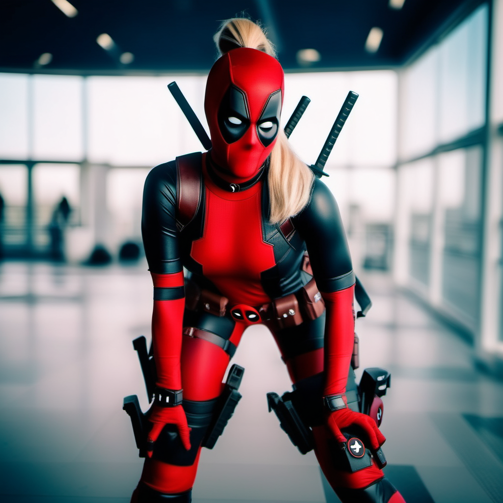cinematic photo full body portrait lady deadpool, blond hair, ponytail, mask, body suit, aims guns <lora:LDP1024:0.8> . 35mm photograph, film, bokeh, professional, 4k, highly detailed