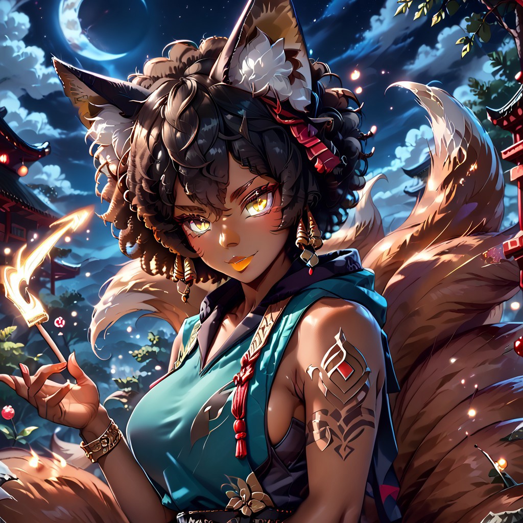 (score_9), score_8_up, score_7_up, 
anime
1girl, full body,
(dark brown skin, beautiful, black hair, curly hair (large round afro: 1.4), (((Kitsune)), Fox ears, ((fox tail)), large tail, (nine tails), (multiple tails), saddle brown tails:1.2, black fur tips: 1.6), (yellow eyes, slit pupils: 1.4), (glowing eyes: 0.8), eyesHD, high definition eyes, teeth with fangs, black claws, 
tattoo, hood, jewelry, bracelet, sleeveless, hoodie, 
(gigantic breasts, round breasts, huge ass, sexy, thick thighs), top heavy, black lipstick, silver jewelry, evil grin, sexy, (black hole in hand), holding black hole,  
blue flames
Alleyway, night, event horizon, gravitational lensing
