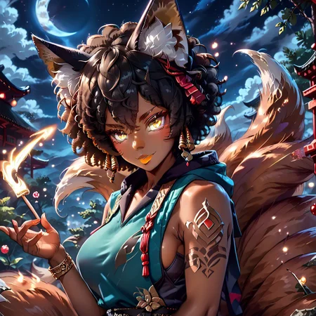 (score_9), score_8_up, score_7_up, 
anime
1girl, full body,
(dark brown skin, beautiful, black hair, curly hair (large round afro: 1.4), (((Kitsune)), Fox ears, ((fox tail)), large tail, (nine tails), (multiple tails), saddle brown tails:1.2, black fur tips: 1.6), (yellow eyes, slit pupils: 1.4), (glowing eyes: 0.8), eyesHD, high definition eyes, teeth with fangs, black claws, 
tattoo, hood, jewelry, bracelet, sleeveless, hoodie, 
(gigantic breasts, round breasts, huge ass, sexy, thick thighs), top heavy, black lipstick, silver jewelry, evil grin, sexy, (black hole in hand), holding black hole,  
blue flames
Alleyway, night, event horizon, gravitational lensing