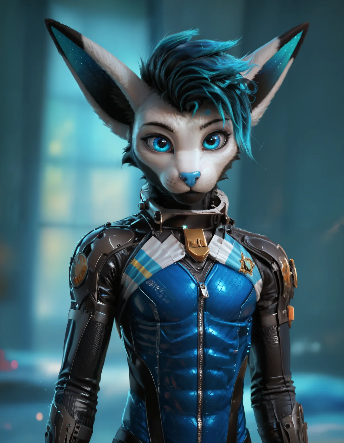 score_9, score_8_up, score_7_up, BREAK rating_safe, detailed, cinematic lighting, hdr, masterpiece, best quality, ultra realistic, 4k, 2k, film photography, RAW photo, photorealistic, analog style, subsurface scattering, photorealism, <lora:add-detail-xl:2.5>, <lora:sinfully_stylish_SDXL.safetensors:0.6>, <lora:AdvancedEnhancerXLv2.safetensors:1.0>, <lora:Krakka_Serene.Sylvi.Sergal_OC_v1-000012.safetensors:0.8>, solo, anthro, (detailed fur, fluffy fur:1.15), krakka, animal ears, short hair, blue eyes, looking at viewer, blue sclera, tail, collar, blue nose, dressed, detailed background, (half-length portrait, three-quarter view, looking at viewer, spread legs, Argentina motion lines, standing , body suit:1.15)