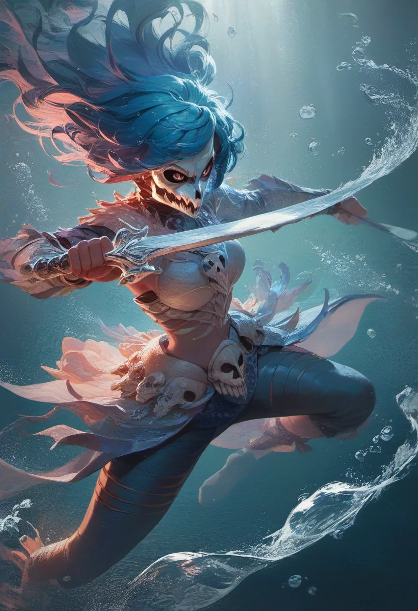 score_9,score_8_up,score_7_up,1girl,wearing skull face armor,water from eyes,water like hair,moving water,water drop,underwater,<lora:Concept Art Brush Style LoRA_Pony XL v6:0.8>,concept art,digital art,<lora:princess_xl_v2:0.7>,fighting stance, holding sword,