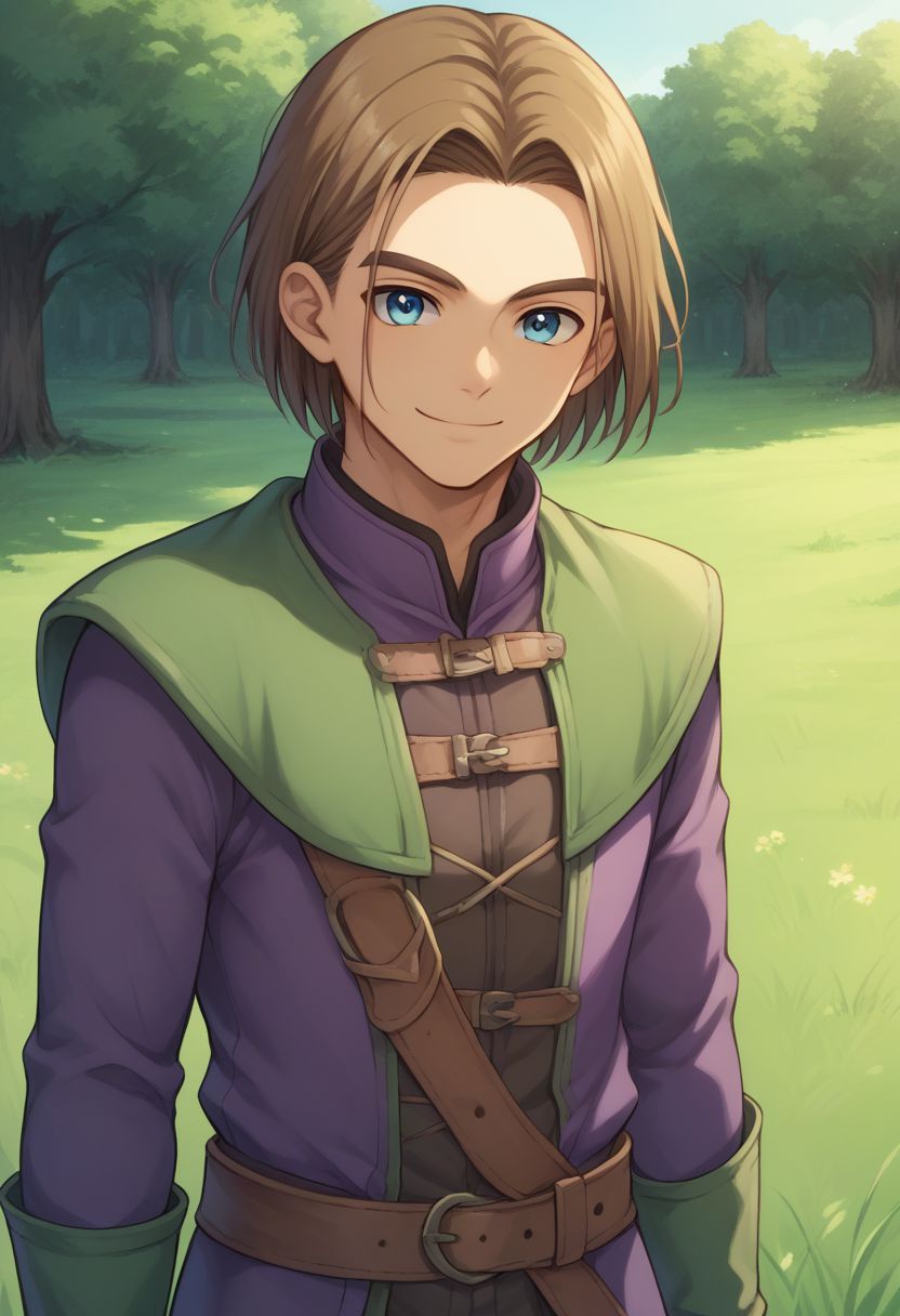 score_9, score_8_up, score_7_up, source_anime, highly detailed, 1boy, solo, male_focus, half body,
hero, solo, 1boy, male focus, brown hair, blue eyes, green boots, purple clothes, long hairs,
outdoor, grass, tree, smile,