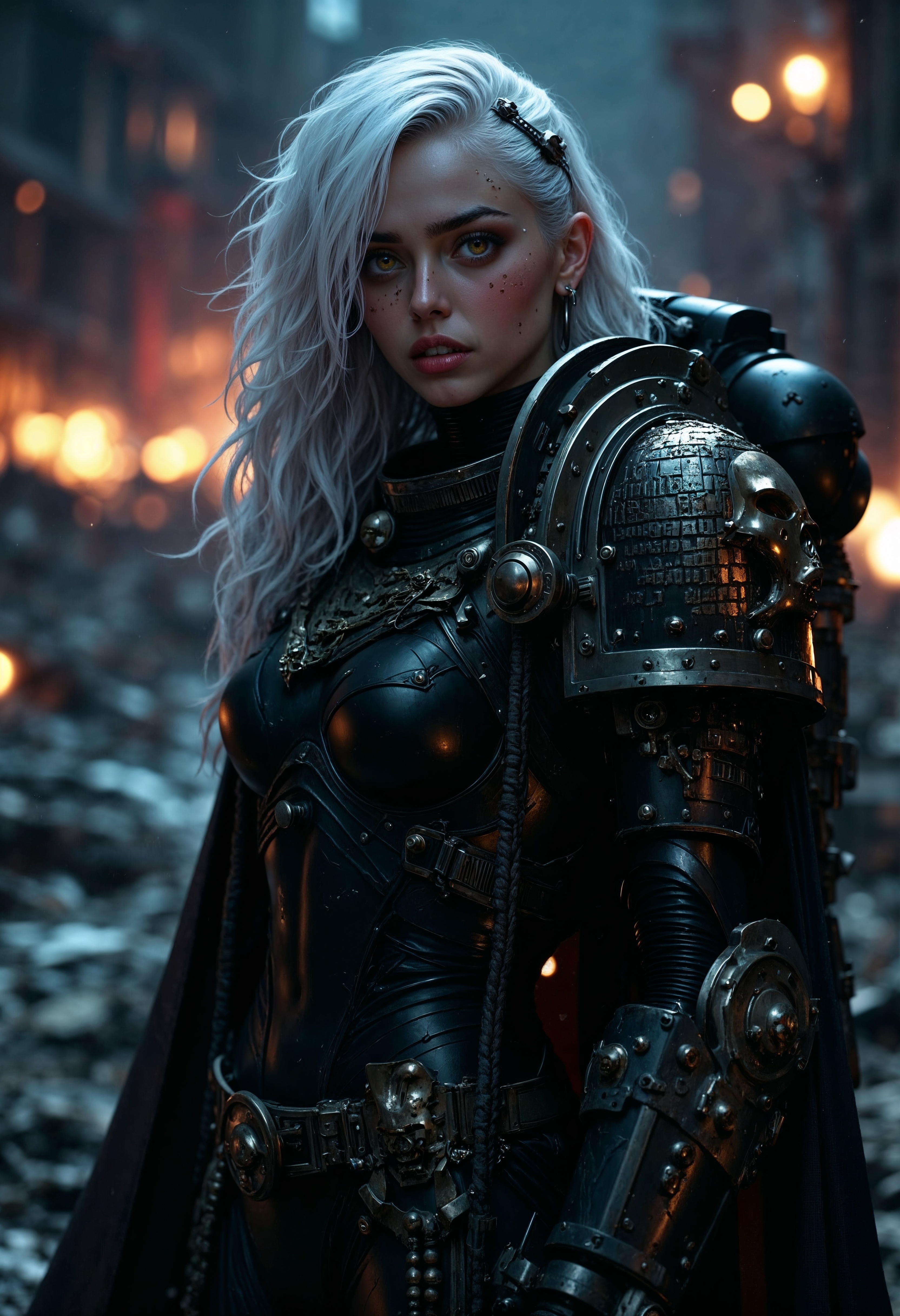 DeathW40K, UHD sci-fi movie still, photograph, half-body portrait, low-angle cam, HDR, RAW. Photography. sexy girl with white hair wearing DeathW40K Warhammer 40K marine power-armor horrified crying in post-apocalyptic demolished city at night, tears, fires, shadows, fantasy, sci-fi world, Stunning visuals, Texture, beautiful face features. beautiful eyes, glossy lips, Full body portrait <lora:FluxMythP0rtr4itStyle:0.7> <lora:FluxDeathW40K:0.9>
