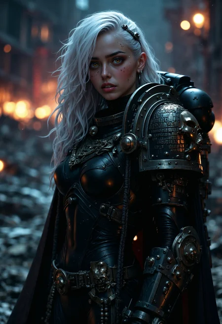 DeathW40K, UHD sci-fi movie still, photograph, half-body portrait, low-angle cam, HDR, RAW. Photography. sexy girl with white hair wearing DeathW40K Warhammer 40K marine power-armor horrified crying in post-apocalyptic demolished city at night, tears, fires, shadows, fantasy, sci-fi world, Stunning visuals, Texture, beautiful face features. beautiful eyes, glossy lips, Full body portrait <lora:FluxMythP0rtr4itStyle:0.7> <lora:FluxDeathW40K:0.9>