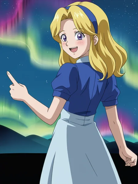 from behind, looking back, dress, <lora:Maria Robotnik (SxSG):0.9> sxsgdbmaria, blonde hair, source_anime, outer space, aurora borealis, excited, smile, blushing, pointing