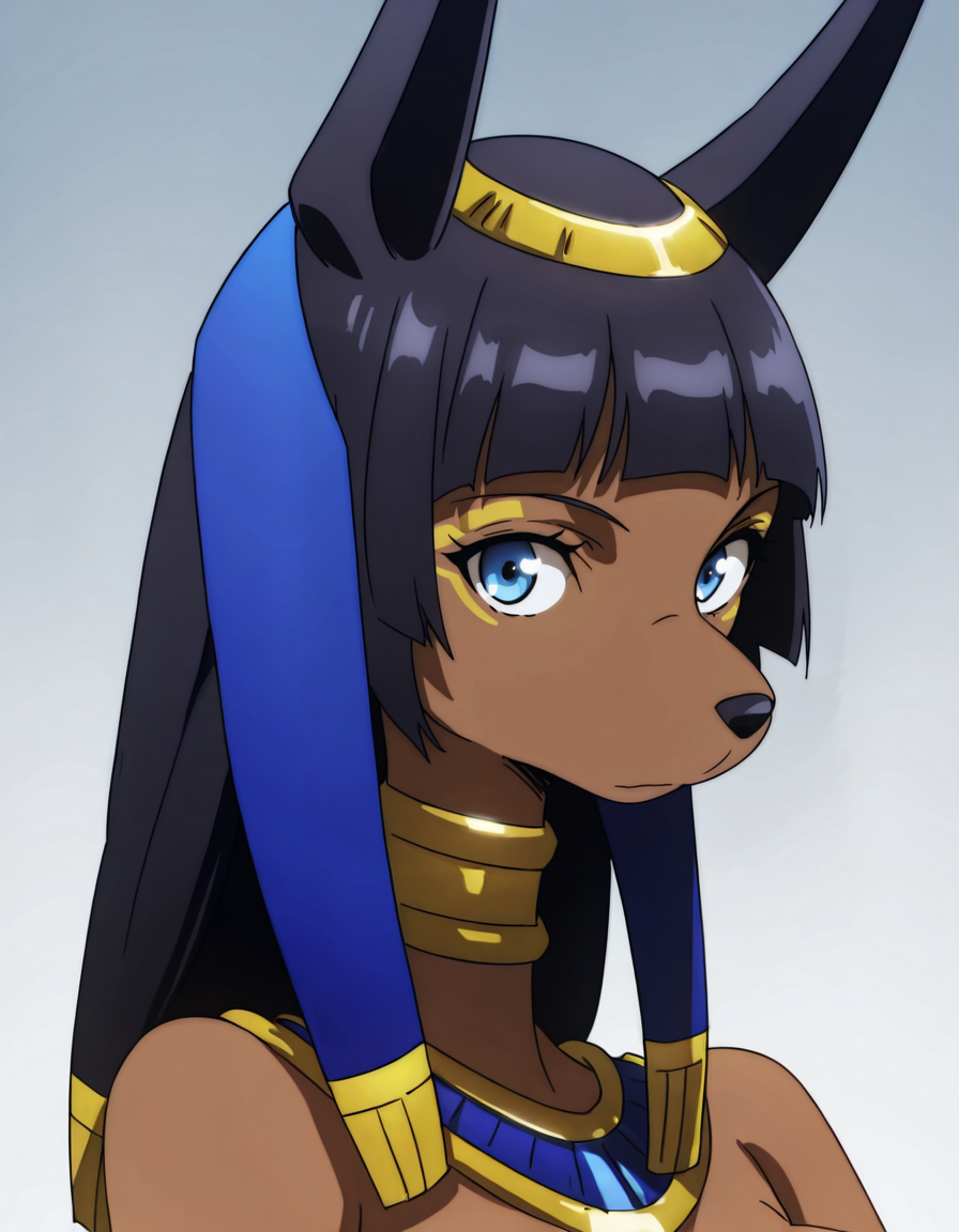 <lora:ANBS-02Illustrious1.0JLFO:1> anbs-02, headdress, 1girl, dark-skinned female, solo, egyptian, black hair, egyptian clothes, jackal ears, jewelry, long hair, furry female, blue eyes, bangs, breasts, blunt bangs,upper body, portrait, looking at viewer,