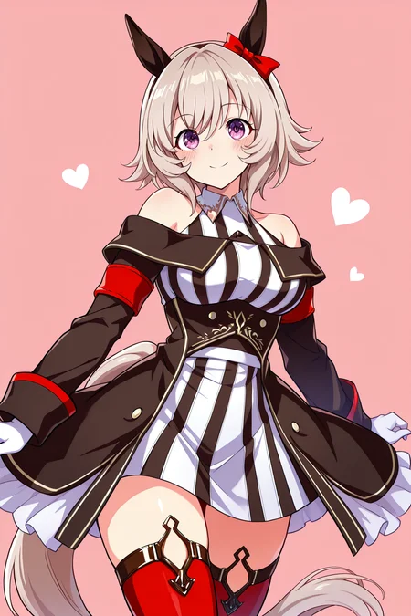 masterpiece,best quality,very aesthetic,absurdres,highres,newest,official art,official style,
1girl,solo,
crc race, curren chan (umamusume),
animal ears, bare shoulders, black coat, coat, gloves,
highres, horse ears, horse girl, horse tail, long sleeves,
off-shoulder coat, off shoulder, red legwear, short hair,
tail, white gloves, blush, ear covers, grey hair, hair between eyes,
red thighhighs, striped, thighhighs, violet eyes, black dress, boots, dress,
thigh-highs, ear ribbon, red ribbon, ribbon, white hair, black hairband,
bow, ear bow, hairband, red bow, off-shoulder dress, purple eyes,
striped clothes, striped dress, white dress, bangs, black jacket,
eyebrows visible through hair, jacket, vertical-striped dress, vertical stripes,
silver hair, collared dress, off-shoulder jacket, sleeveless, sleeveless dress,
eye_focus,<lora:eye_focus:1>,
<lora:umamusume_curren_chan_ill_v1.0:1>,