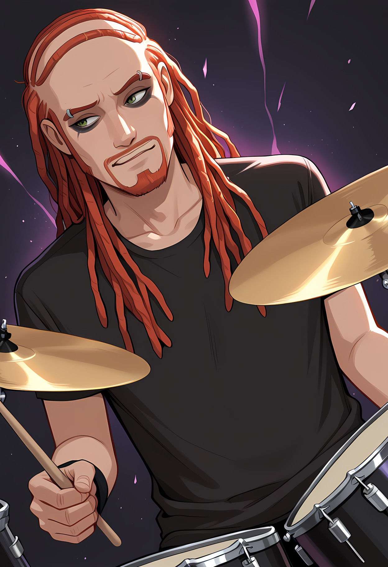 masterpiece, best quality, amazing quality, dutch angle, abstract background, BREAK
drum set, drumsticks, BREAK
1boy, solo, male focus, picklesthedrummer, red hair, long hair, dreadlocks, combover, green eyes, facial hair, dark eye makeup, white makeup, black shirt, BREAK
<lora:cfg_scale_boost:.6>  <lora:Pickles_-_Metalocalypse_-_ILXL:1>