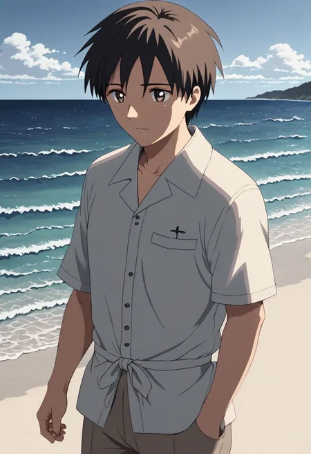 high resolution, solo, best quality, 1Boy, Takaki Toono, Brownish Hair, Brown Eyes, sea, bow cruise ship, stong wind, ocean, OverallDetail