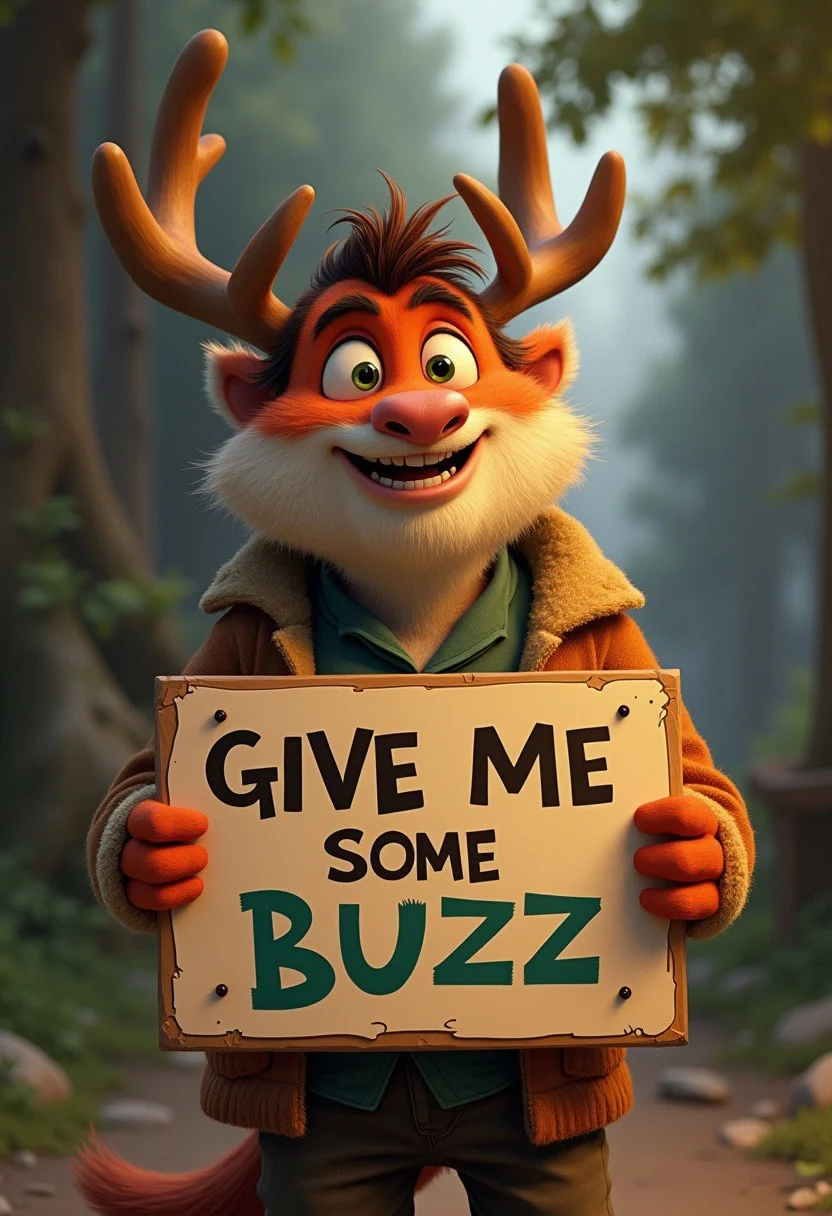 male holding a sign "give me some buzz ",ghibli studios