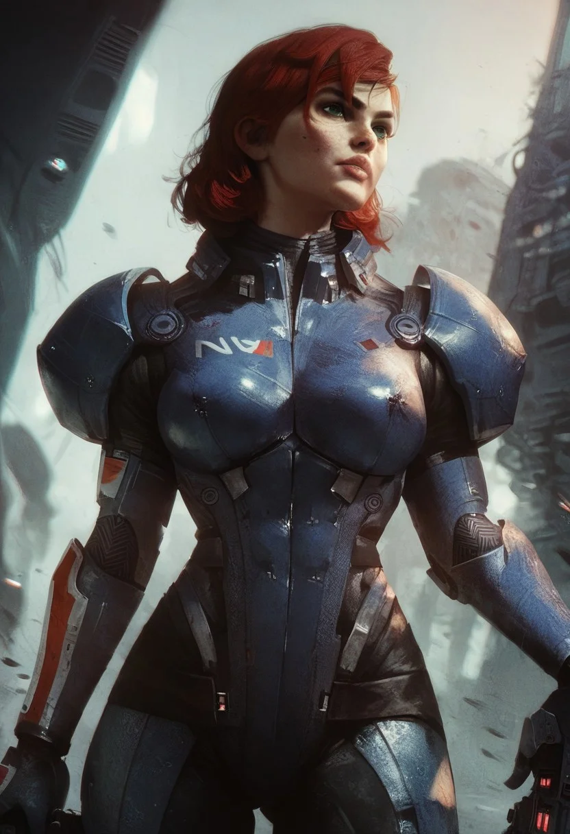 score_9, score_8_up, score_7_up, score_6_up,
1girl, HD, solo, femshepxl, red hair, green eyes, medium hair, bodysuit, armor, holding a gun,
front view, waist up,
futuristic city background