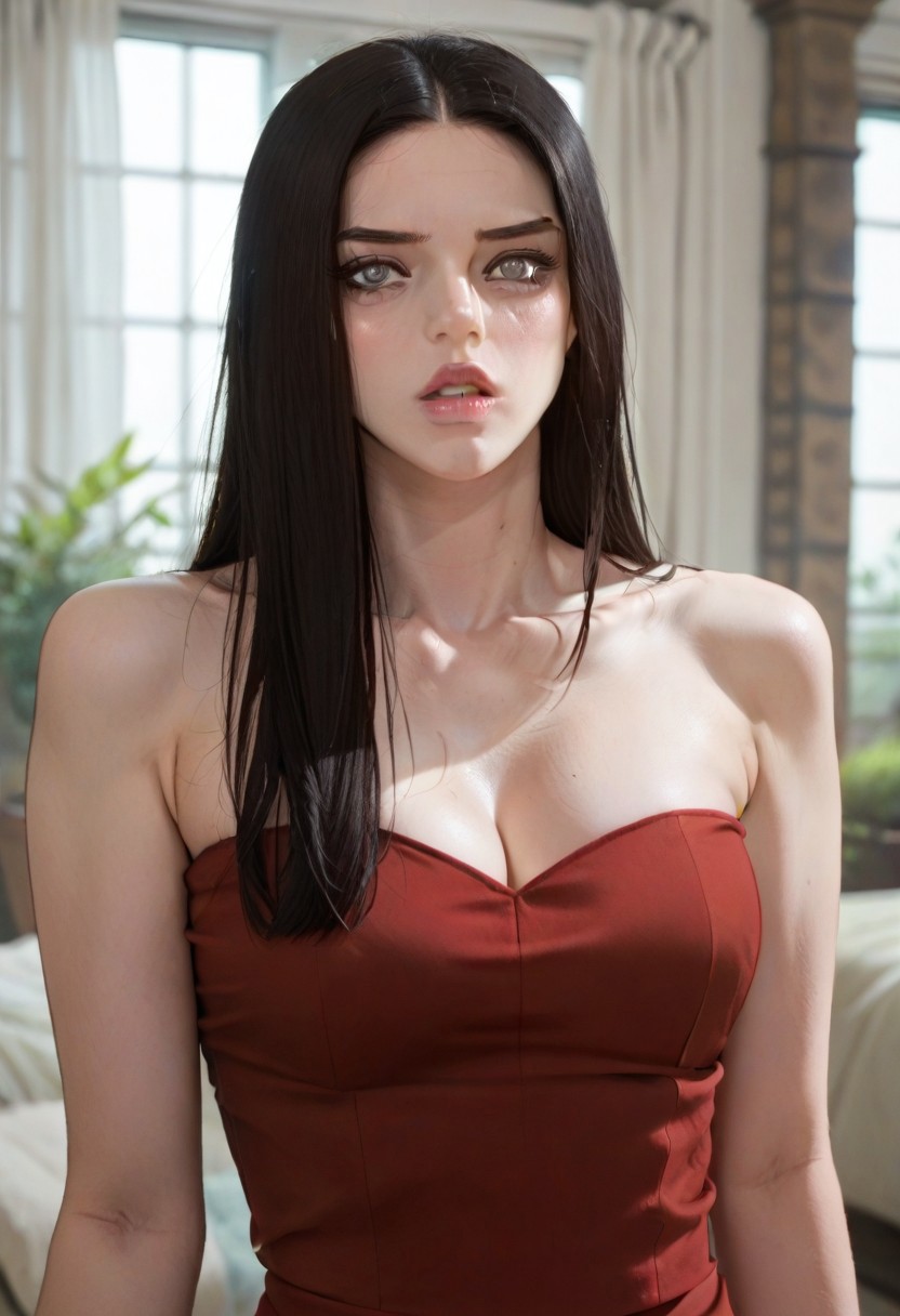 score_9, score_8_up, score_7_up, BaekSuzy, grey eyes, black hair, long hair, looking at viewer, dress, bare shoulders, collarbone, parted lips, solo focus, indoors, lips, strapless, red dress, strapless dress