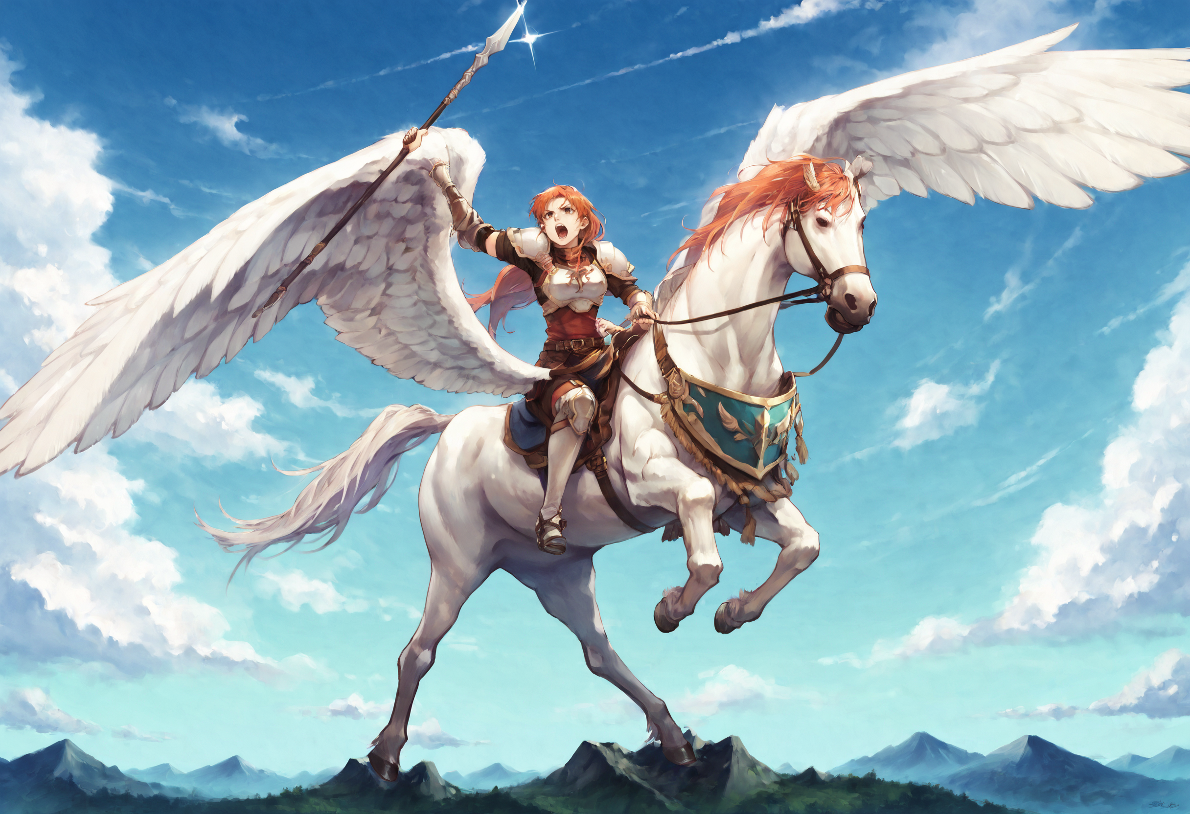 score_9,score_8_up,score_7_up,extreme detailed,full_body,zPDXL BREAK sky,flying,
<lora:Pony_DetailV2.0:1>,pegasus knight,horse,horseback riding,pegasus,<lora:pegasus knight:0.8>,long hair,shoulder armor,breastplate,pegasus knight uniform \(fire emblem\),fighting stance,holding_spear,charging forward,open mouth,