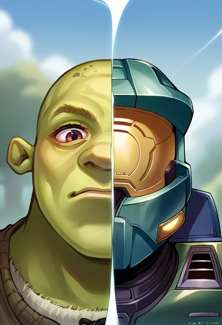 score_9, score_8_up, source_anime, <lora:Splitscreen_XLPD:0.6>, upper body, split screen, splitscreen, outdoors, 
BREAK <lora:Shrek_XLPD:1>, shrek, green skin, bald,
BREAK <lora:masterchief-halo-richy-v1_pdxl:1>, masterchief, helmet, visor, power armor