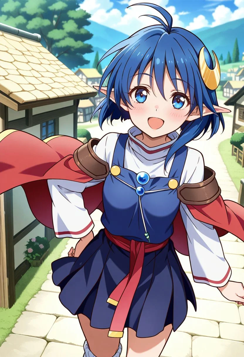 detailed eyes, beautiful, detailed background, perfect eyes,
source_anime, very aesthetic, anime coloring, masterpiece, official art,
<lora:HandFineTuning_XL:1>
BREAK,
village, trees, blurry background
open smile, blush, sheathed hand on hip, full body,
BREAK,
<lora:rena_pdxl_v02:0.9>
rena lanford, short hair, blue hair, blue eyes, pointy ears, crescent hair ornament, loose socks, white shirt, skirt, white legwear, cape, red cape, ahoge, loafers, long sleeves, turtleneck,