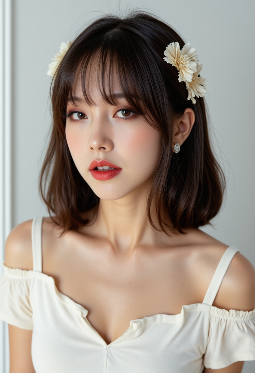 profile headshots, multiple angles, photoshoot poses; she has piercing eyes. A photo of  a woman.she is wearing a white frilly shirt. She is smiling. The background is a simple white wall. The overall mood of the image is Happy.RAW candid cinema,16mm,color graded portra 400 film,remarkable color,ultra realistic,textured skin,remarkable detailed pupils,realistic dull skin noise,visible skin detail,skin fuzz,dry skin,shot with cinematic camera,detailed skin texture,(blush:0.2),(goosebumps:0.3),subsurface scattering,beautiful photograph in the style of Augustus John,Sergio Toppi,Virginia Frances Sterrett,8k HD,detailed skin texture,ultra realistic,textured skin,analog raw photo,cinematic grain,whimsical.perfection style,aidmafluxpro1.1
