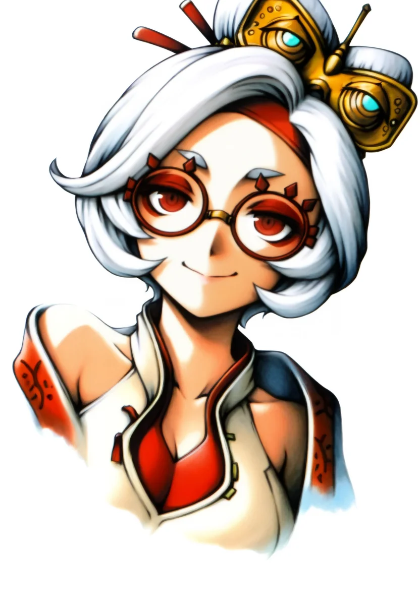 masterpiece, best quality, solo, 1girl, smile, looking at viewer, <lora:FF7-Portraits-illus_Fp:1>, simple background, portrait, white background, (purah:0.7), white hair, red eyes, red glasses, eyewear, coat, off shoulder, sash,