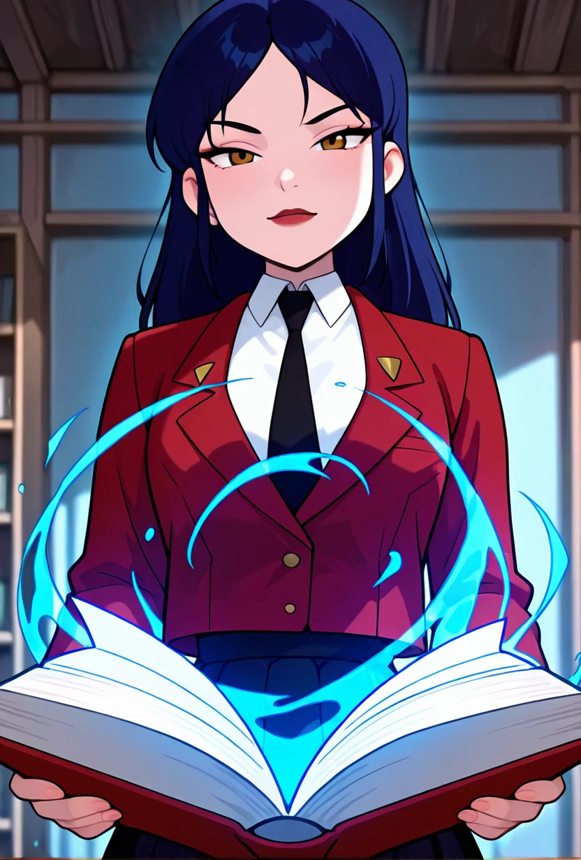 ((cartoon, screencap,,)) <lora:tiffanyos:1> tiffanyos, 1girl, long hair, blue hair, parted bangs, black necktie, school uniform, white undershirt, lipstick, long red jacket, holding book, open book, casting spell, magic, masterpiece, best quality, amazing quality, very aesthetic, absurdres, newest,