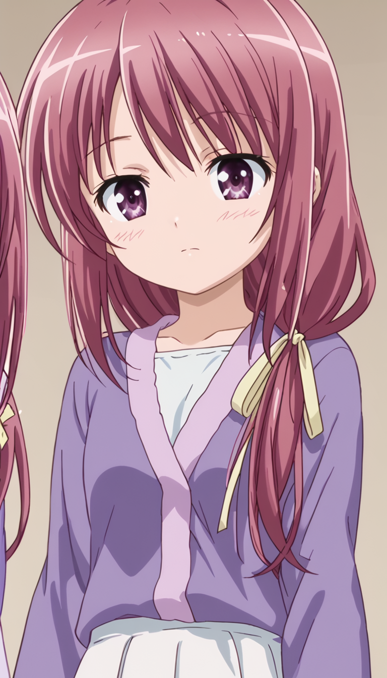 kaoriminato,purple eyes,white skirt,pink hair,hair over shoulder,hair ribbon,<lora:Kaori_Minato:1>,, anime screencap,score_9,simple background,