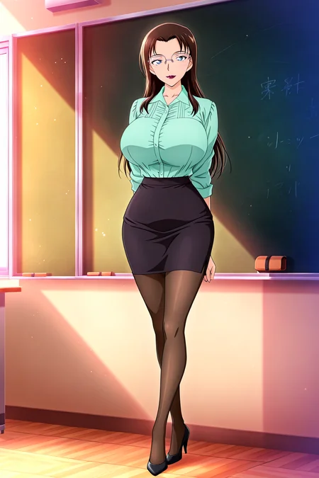 front view,classroom, chalkboard,
1girl,mature female,milf,huge breasts,narrow waist,wide hips,looking at viewer,full body,standing,high heels,seductive smile,long legs,slim legs,pantyhose,pencil skirt,miniskirt, teacher, 
Best quality,masterpiece,soft light,official art,high quality,highres,absurdres,epic scene,natural textures,<lora:Wakasa Rumi IL V3:1>,wakasa rumi,long hair,black hair,glasses,lipstick,dark lips,blue eyes,over-rim eyewear,