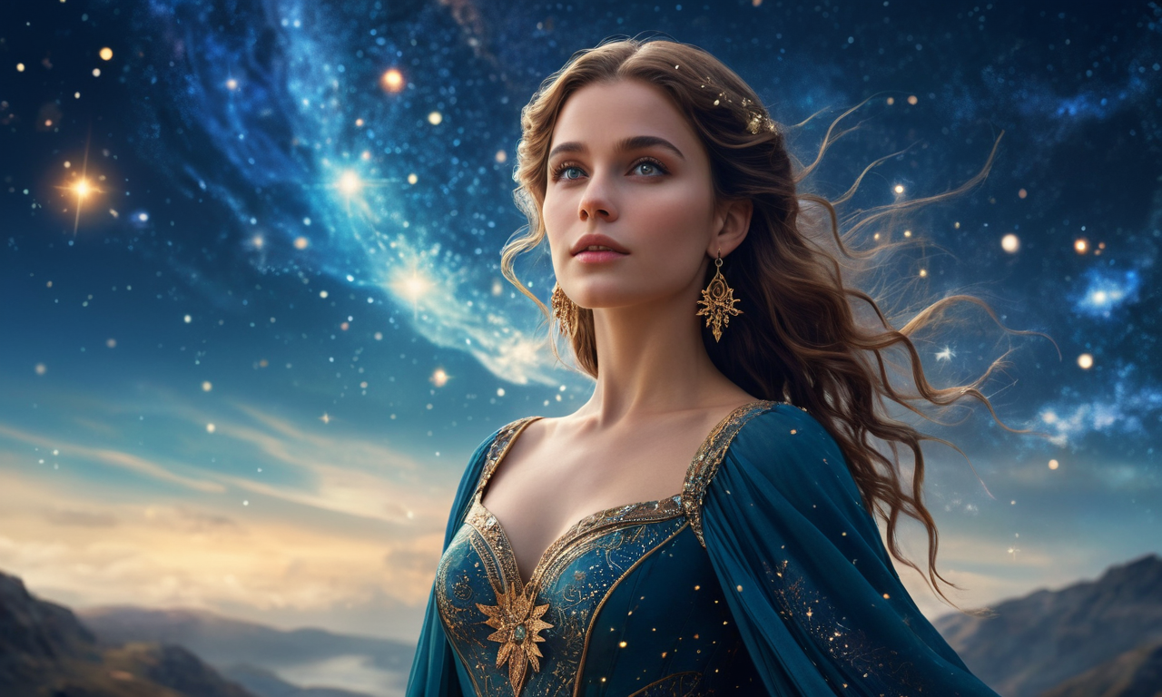 (masterpiece), (best quality), (ultra-detailed), A beautiful woman modestly dressed in a fantasy themed costume standing in a sky full of swirling, magical constellations that seem to shift and change as you look at them., focus is on the background, illustration, disheveled hair, detailed eyes, perfect composition, moist skin, intricate details, earrings, cinematic still A beautiful woman modestly dressed in a fantasy themed costume standing in a sky full of swirling, magical constellations that seem to shift and change as you look at them., focus is on the background . emotional, harmonious, vignette, highly detailed, high budget, bokeh, cinemascope, moody, epic, gorgeous, film grain, grainy, A beautiful woman modestly dressed in a fantasy themed costume standing in a sky full of swirling, magical constellations that seem to shift and change as you look at them., focus is on the background, intricate, elegant, highly detailed, professional composition, dramatic light, dynamic, sharp, ambient color, vivid, romantic, original, attractive, cinematic, modern, sleek