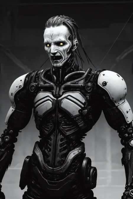 (humanoid with a white synthetic skin face full of cybernetic implants), (black leather futuristic cybernetic suit:1.8), (sword fighting pose, swinging sword:1.7), (thick dark leather coat with neck cover:1.3), (cross tattoo only on forehead:1.3), 1guy, blue sky, cloud, collarbone (looking at viewer and smiling:1.2), (white reflective eyes:1.1), sky, solo, upper body, ((masterpiece)), (smirk512:1.3), (synth goth cyber armor with metal plates:1.3), (thick stretched neck guard made out of body pipes:1.2), <lora:epiNoiseoffset_v2:1>, (masterpiece), (best quality), (high resolution), hyper detailed, detailed_background, cables, dim light, vast, space age architecture, communism architecture, Bauhaus, (dimly lit pale eyes:1.4), (head tattoos:1.8)
OrganicBiomArt, <lora:bodhor:0.4> <lora:Blame!:1>
((environment falling apart)), (catastrophic failure), (action shot:1.6), (dark photo:1.11), (hyper realistic:1,11), (high contrast:1.22), (detailed skin texture:1.33), (blush:0.6), (goosebumps:0.5), subsurface scattering,
