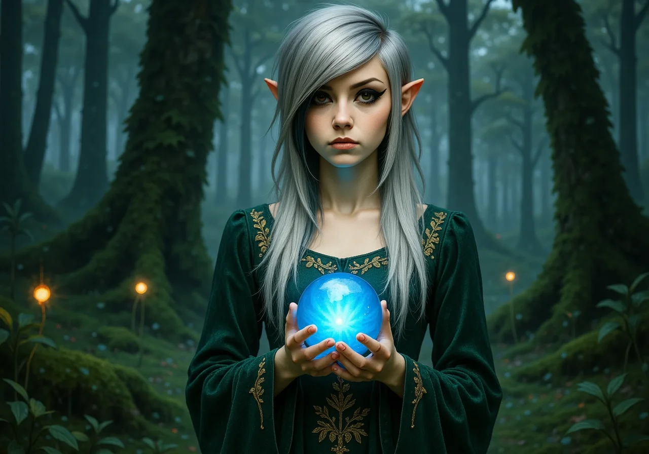 She has a distinctive 2000s scene/emo haircut: thick, sharply angled bangs that sweep across one eye, with long layered strands and long sidelocks that drape in front of her shoulders. Her eyes are framed by bold black winged eyeliner.An elven woman with delicate, pointed ears and silver hair cascading down her back, dressed in an elegant gown of deep forest green embroidered with gold leaf patterns, stands in the heart of an enchanted forest, her hands gently cupping a glowing blue orb that pulses faintly in the dim light, her amber eyes reflecting the soft glow of the orb as she whispers incantations under her breath, the forest around her filled with towering trees whose leaves shimmer with magical energy, while small, glowing creatures dart between the branches, casting fleeting shadows on the moss-covered forest floor.<lora:2000s_Scene_Emo_Hair.safetensors:1.0:1.0>