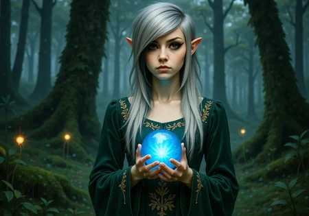 She has a distinctive 2000s scene/emo haircut: thick, sharply angled bangs that sweep across one eye, with long layered strands and long sidelocks that drape in front of her shoulders. Her eyes are framed by bold black winged eyeliner.An elven woman with delicate, pointed ears and silver hair cascading down her back, dressed in an elegant gown of deep forest green embroidered with gold leaf patterns, stands in the heart of an enchanted forest, her hands gently cupping a glowing blue orb that pulses faintly in the dim light, her amber eyes reflecting the soft glow of the orb as she whispers incantations under her breath, the forest around her filled with towering trees whose leaves shimmer with magical energy, while small, glowing creatures dart between the branches, casting fleeting shadows on the moss-covered forest floor.<lora:2000s_Scene_Emo_Hair.safetensors:1.0:1.0>