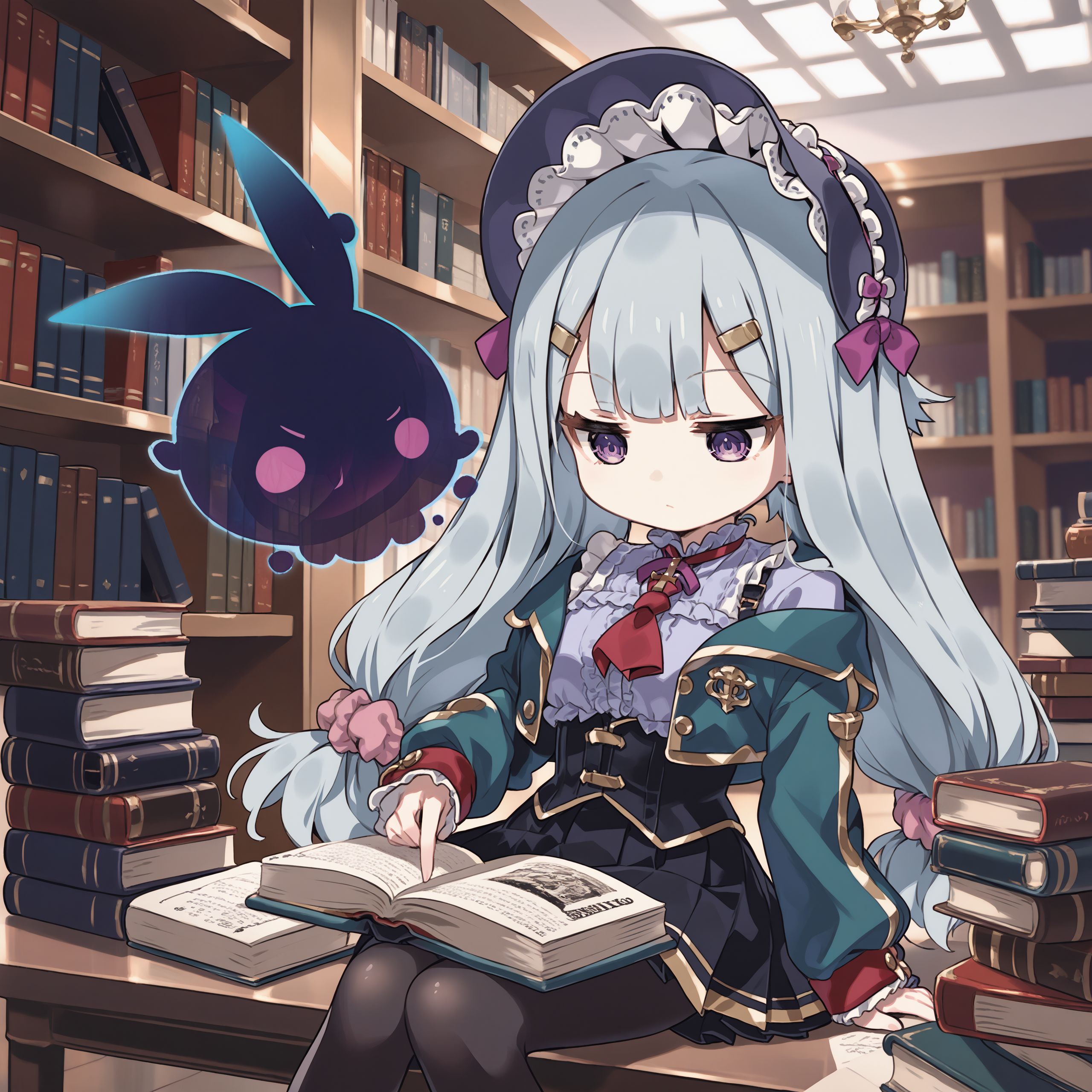 score_max, (score_9, score_8_up, score_7_up:1.2), score_6_up, official art, source_anime,
, masterpiece, absurdres, high detail, 8k,
library, book stack, book shelf, 
sitting, wariza, holding book, reading book, grimoire, expressionless, looking down, black ghost,
(chibi:1.4), solo, rubetti, low-tied long hair, bonnet, hat bow, purple bow, hairclip, hair scrunchie, school uniform, green jacket, cropped jacket, long sleeves, sleeves past fingers, red neckerchief, off shoulders, purple shirt, frilled shirt, cross tie, corset, black skirt, pleated skirt, black pantyhose, loafers,
<lora:XL_Pony_gomaotsu-ruberis-t1:1.0>