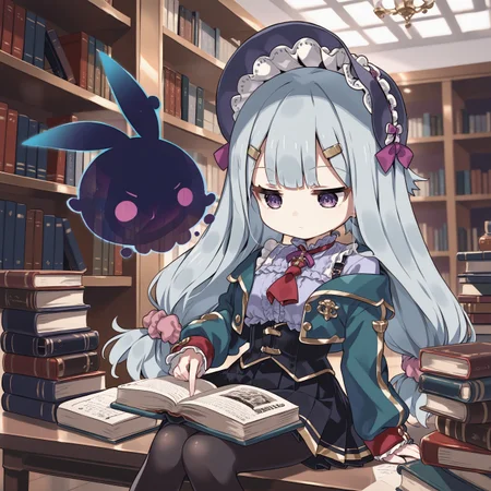 score_max, (score_9, score_8_up, score_7_up:1.2), score_6_up, official art, source_anime,
, masterpiece, absurdres, high detail, 8k,
library, book stack, book shelf,
sitting, wariza, holding book, reading book, grimoire, expressionless, looking down, black ghost,
(chibi:1.4), solo, rubetti, low-tied long hair, bonnet, hat bow, purple bow, hairclip, hair scrunchie, school uniform, green jacket, cropped jacket, long sleeves, sleeves past fingers, red neckerchief, off shoulders, purple shirt, frilled shirt, cross tie, corset, black skirt, pleated skirt, black pantyhose, loafers,
<lora:XL_Pony_gomaotsu-ruberis-t1:1.0>