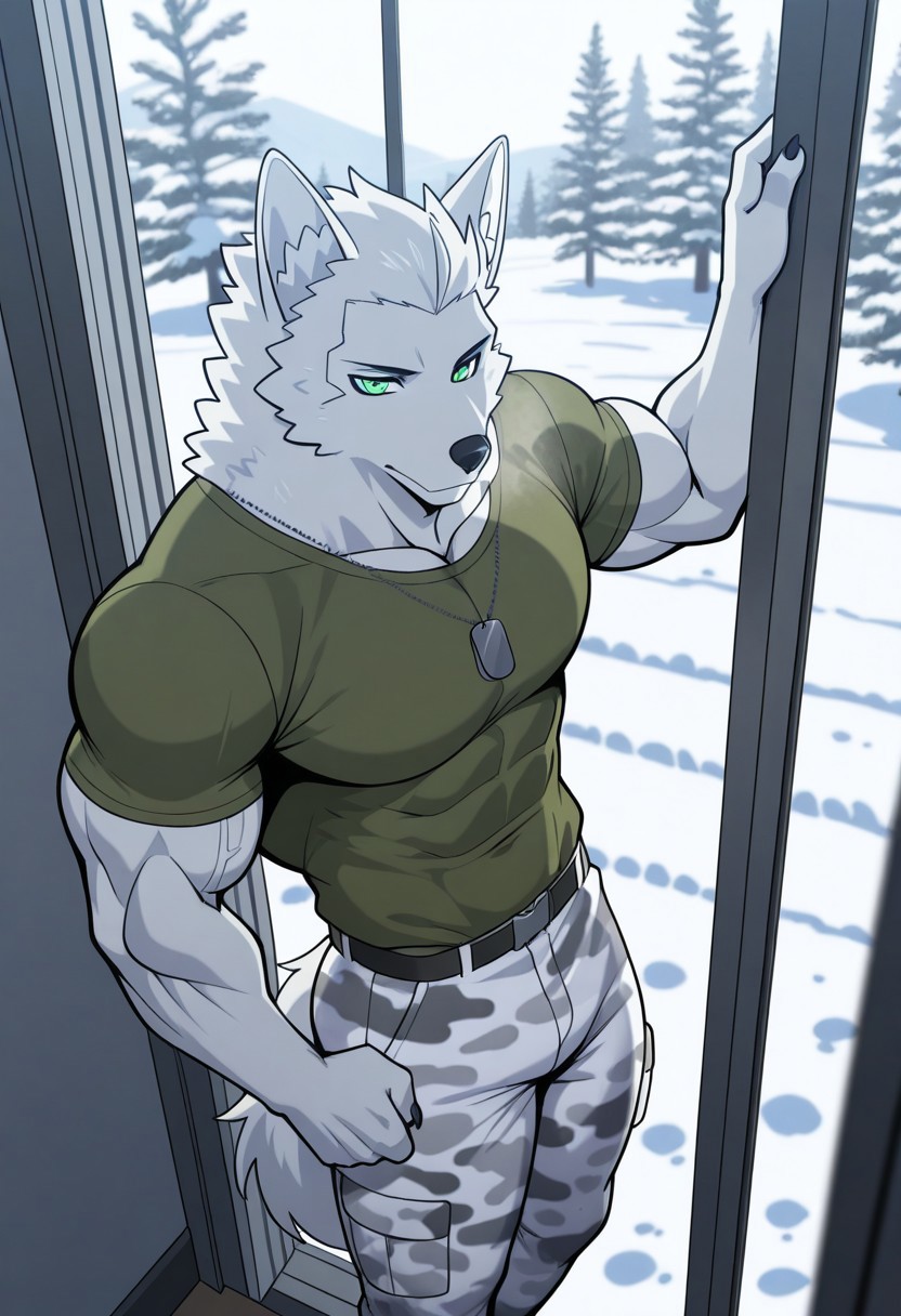<lora:AlexDT:0.9>, solo, alex, wolf boy, male, manly, masculine, green eyes, green shirt, white camouflage pants, dog tag, from above, posing, dutch angle, snow, indoors BREAK unparalleled masterpiece, best quality, amazing quality, very aesthetic, high resolution, dynamic lighting, extremely-detailed, depth of field, newest, scenery, detailed fur, detailed muscles