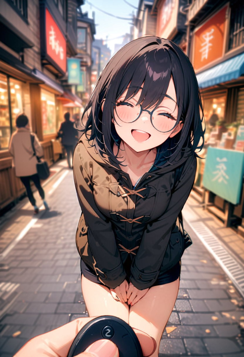 masterpiece, best quality, very aesthetic, absurdres,
1girl, solo, glasses, black hair, medium hair, medium breasts, duffle coat, black bag, happy, laughing, bluish, looking at viewer, own hands together, street, cityscape, 
remote controller, holding, pov, fingernails, 
 <lora:remocon_SDXL_V2:0.8>