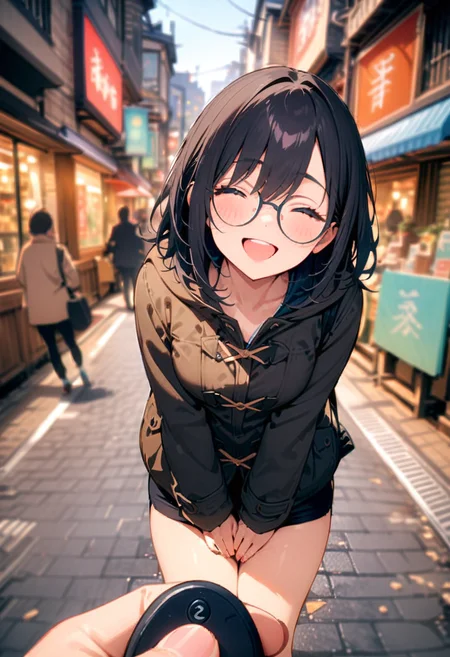 masterpiece, best quality, very aesthetic, absurdres,
1girl, solo, glasses, black hair, medium hair, medium breasts, duffle coat, black bag, happy, laughing, bluish, looking at viewer, own hands together, street, cityscape,
remote controller, holding, pov, fingernails,
<lora:remocon_SDXL_V2:0.8>