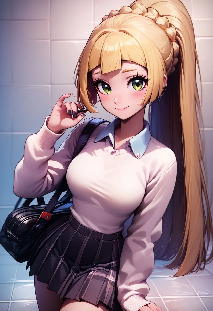 score_9, score_8_up, score_8, medium breasts, (curvy), cute, eyelashes, zzlillie, long hair, ponytail, French braid, closed mouth, alternate costume, smile, nail polish, looking at viewer, hand up, collared shirt, blush, sweater, black skirt, black nails, eyelashes, long sleeves, sleeves past wrists, plaid skirt, shoulder bag, black bag, blurry, tile floor, pleated skirt, white shirt ,
zPDXL,