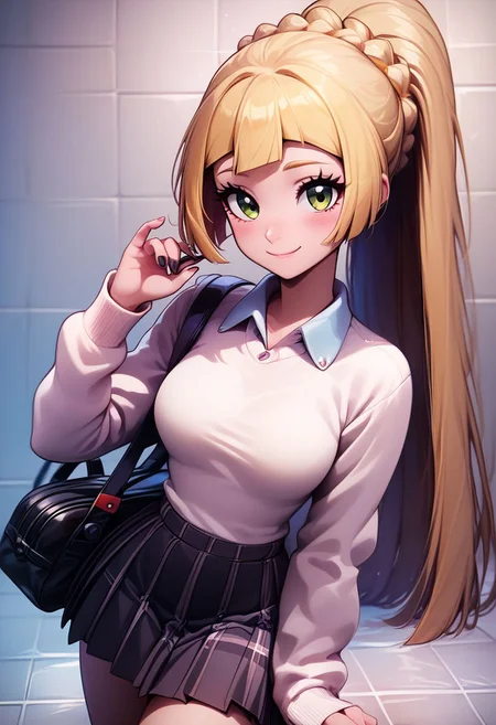 score_9, score_8_up, score_8, medium breasts, (curvy), cute, eyelashes, zzlillie, long hair, ponytail, French braid, closed mouth, alternate costume, smile, nail polish, looking at viewer, hand up, collared shirt, blush, sweater, black skirt, black nails, eyelashes, long sleeves, sleeves past wrists, plaid skirt, shoulder bag, black bag, blurry, tile floor, pleated skirt, white shirt ,
zPDXL,