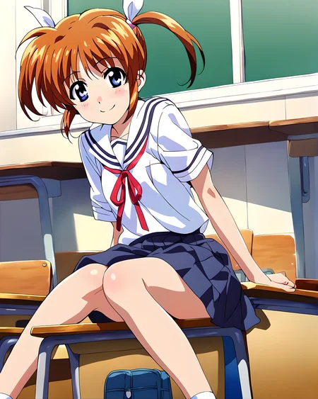 <lora:pony_xl_nanoha:0.8>,nanoha,score_9,score_8_up,score_7_up,source_anime,1girl,solo,cowboy_shot,smile,school_uniform,classroom,wariza,knees_together_feet_apart,light_blush,summer_uniform,