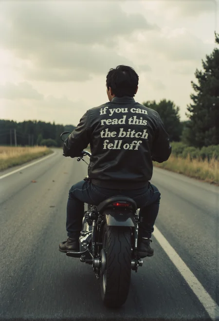 A biker on a thick chopper, seen from behind, riding at full speed on a country road. The bike is chrome and black. On his black leather jacket, in bold white letters, it reads: "If you can read this the bitch fell off". aidmaimageupgrader, midjourneyv6.1, n30nfilm <lora:aidmaImageUpgrader-FLUX-V0.2.safetensors:0.66>, <lora:aidmaMJ6.1-FLUX-V0.1.safetensors:0.5>, <lora:Movie_Portrait.safetensors:0.8>, <lora:- Flux1 - soothing_atmo_V2.0.safetensors:0.4>, <lora:lith_mimosa_kiel_grw134_FLUX.safetensors:0.7>, <lora:n30nfilm.safetensors:0.85>,