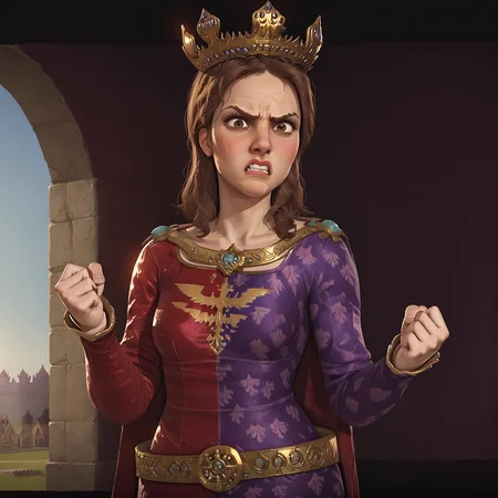 1girl, solo, Jadwiga, crown, brown hair, brown eyes. red and purple dress, offended, upset, angry, clenched fist