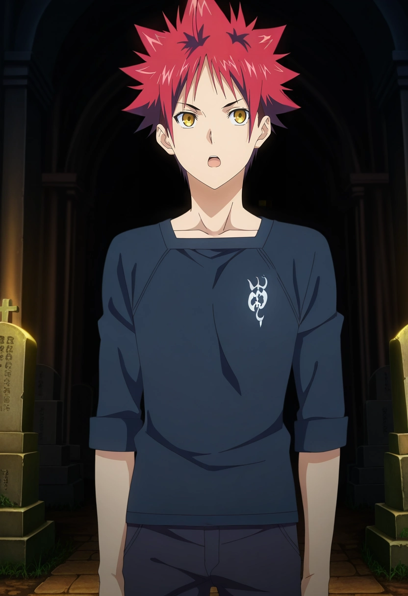 masterpiece, best quality, , anime screencap, anime coloring, official style, , 1boy, solo, male focus, <lora:souma_yukihira_ilxl:0.94>, souma_yukihira, red hair, yellow eyes, spiked hair, , cowboy shot, cemetery, indoors, dark, arms at sides, open mouth,