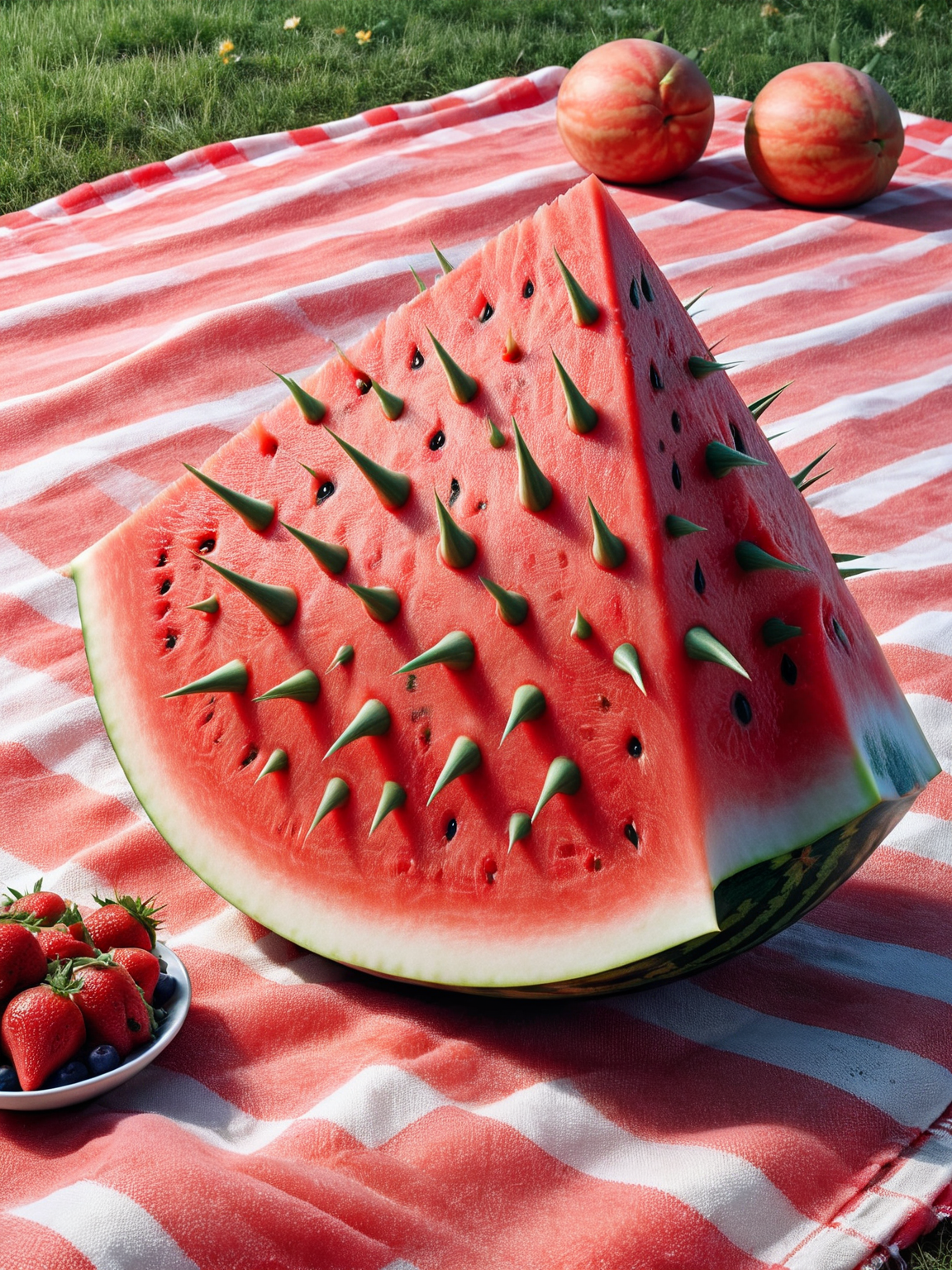 A slice of watermelon resting on a ais-thrny picnic blanket <lora:ais-thrny-sdxl:1>