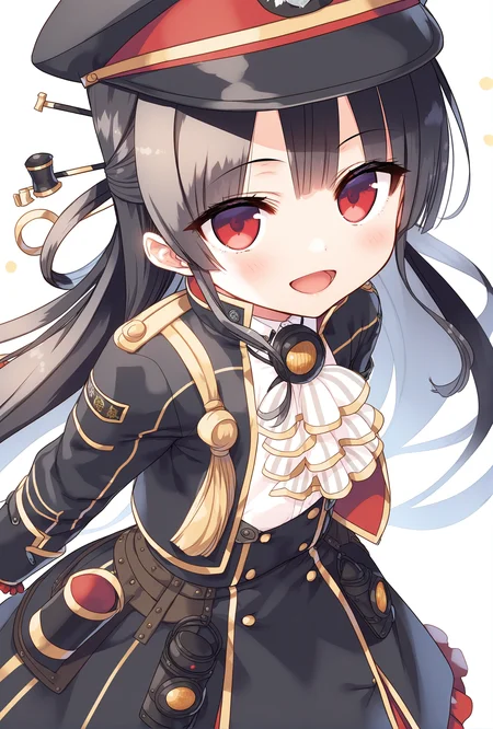 hachiroku \(maitetsu\),red eyes,long hair,hair rings,black hair,
cura, omochi_monaka, (artist:kedama milk:0.8),artist:ciloranko,artist:ke-ta, (artist:nekoda:0.8),
official clothing,peaked cap,hair stick,long sleeves,open jacket,black jacket,white shirt,white ascot,black skirt,frills,
smile,open mouth, looking at viewer, 
cowboy shot, 
simple background, white background, 
best quality, masterpiece,  
 <lora:hachiroku_noob_v1-000006:1>