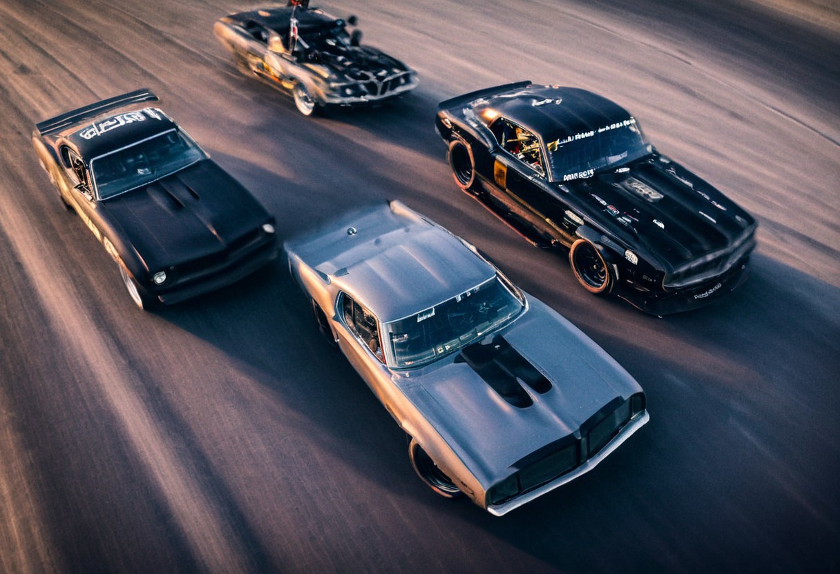 Creates an ultra detailed and realistic image taken by a drone, wide angle, of a race between 2 custom cars, created with parts from many muscle cars, with aerodynamic lines from 1972. The cars have tinted black windows. It is captured in motion with motion blur at full speed through a desert, daylight. Race between 2 cars. The photograph is captured with an Arri Alexa camera, with a zoom lens.
. <lora:Vintage Muscle Car SDXL:1>