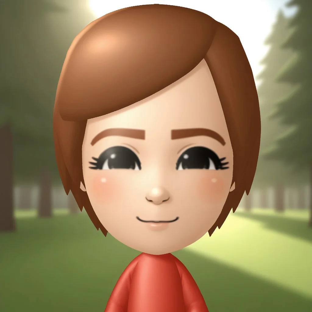 score_9, score_8, BREAK, solo, mii, wii, wii sports, 1girl, female mii, cute, auburn hair, auburn eyebrows, black eyes, blush, red clothing, white pants, shoes, small breasts, Susie_(Wii_Sports), Nintendo Mii, modern_mii, classic_mii, sexy pose, smile, outdoors, sunlight, shadows, evening lighting, natural lighting, forest, trees, grass, orange sky, sunset
