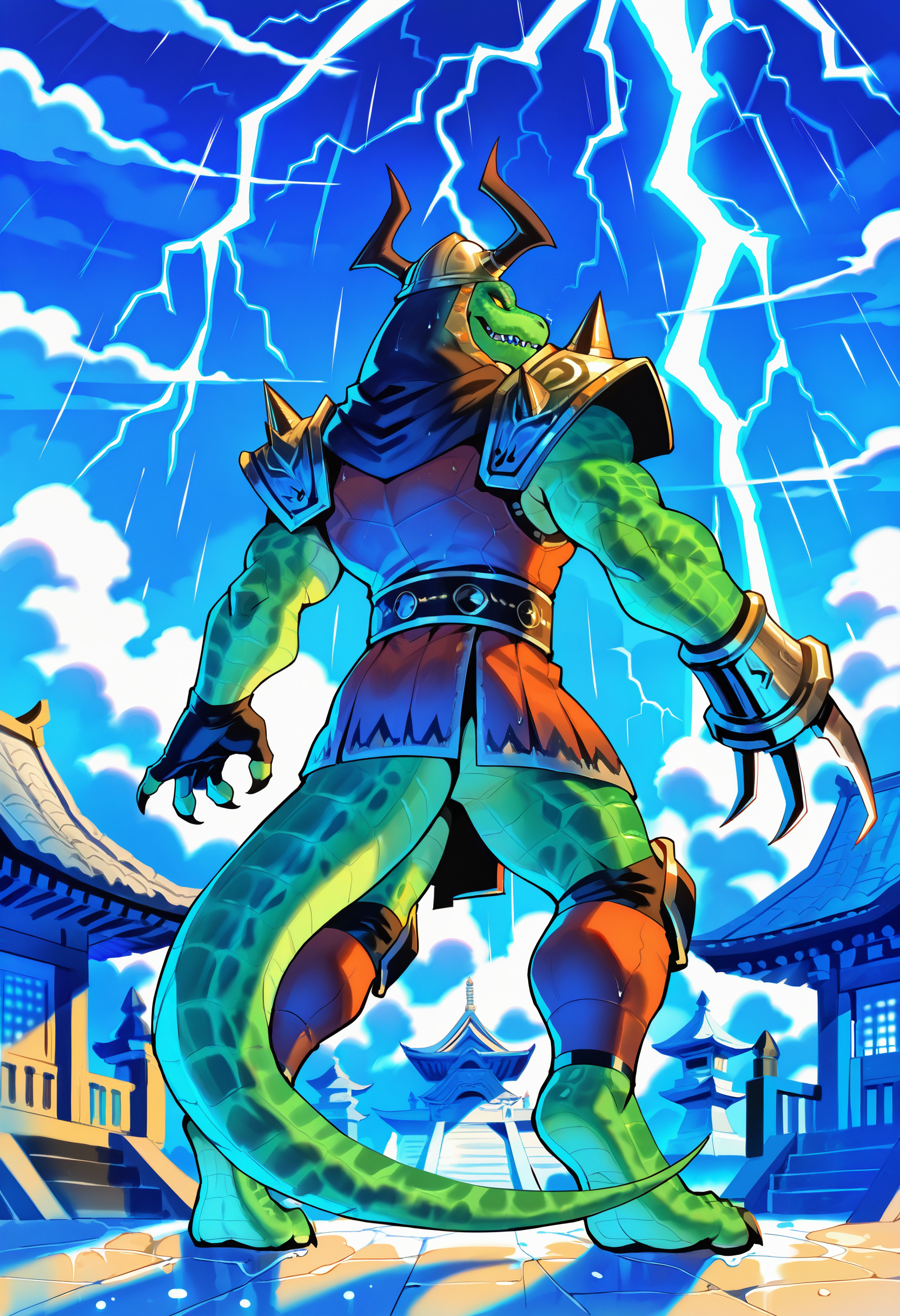 best quality, newest, absurdres, highres, (masterwork, masterpiece, best quality, hyper-detailed :1.3), 

1boy, solo,

sc4l3s, reptile boy, helmet, armor, knee pads, smug, evil smile, claw(weapon), full body, back view, stance, imminent dange,

background, rainy, lightning, clouds, temple,