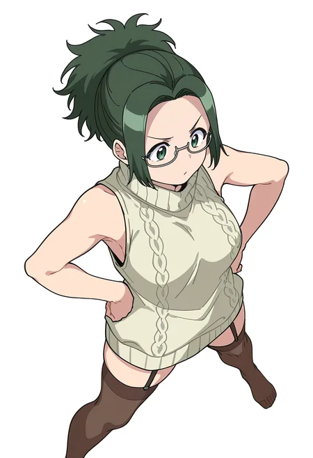 Smooth Quality,masterpiece,very intricate, high quality details, ultra realistic, high detailed skin,
simple background, white background, color drain,
from above,standing pose, arms akimbo, feet slightly apart, determined expression, balanced posture, ,
solo,
<lora:Agari_Himiko_cnn:0.8> agarihimikocnn,1girl,green eyes, short hair,glasses, ponytail,green hair,
oversized sweater, ,sleeveless shirt, ,garter straps, ,
Alp