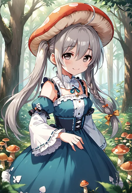 score_9, score_8_up, score_7_up, source_anime, hoshi shouko, long hair, ahoge, grey hair, grey eyes, braid, 1girl, mushroom, solo, dress, tree, smile, hat, twintails, blush, detached sleeves