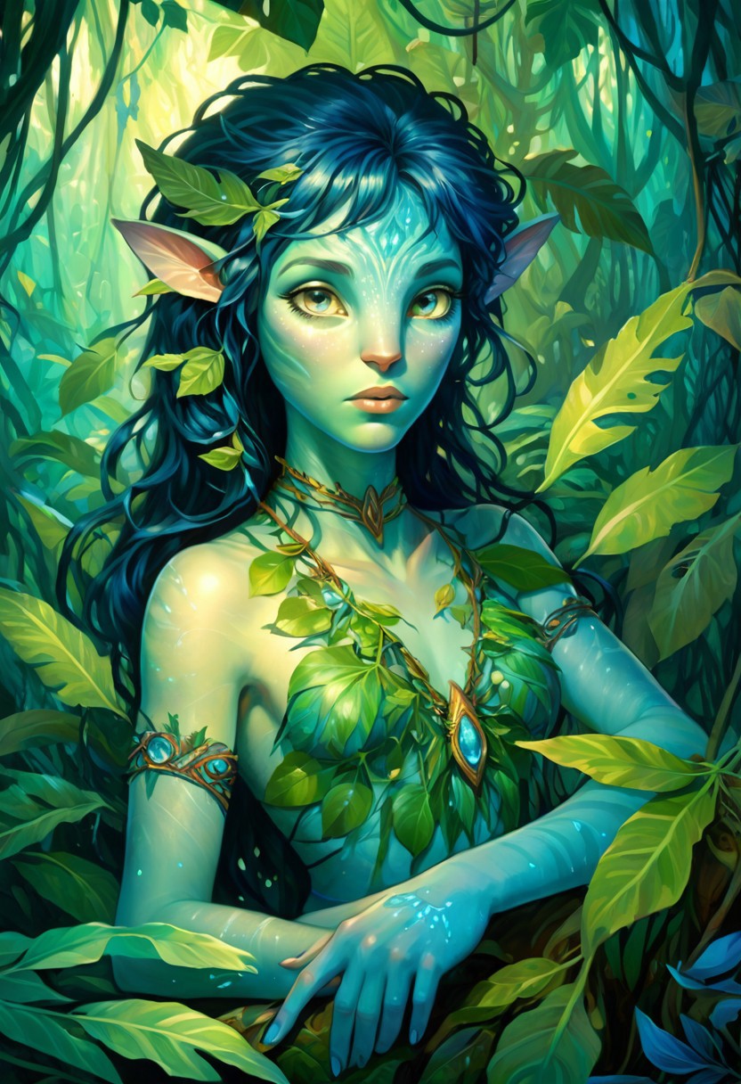 Alphonse Mucha Style page oil  painting of a 18 year old female Avatar navi alien with blue skin, wearing leaf tunic in a bioluminescent jungle, busy, cleavage