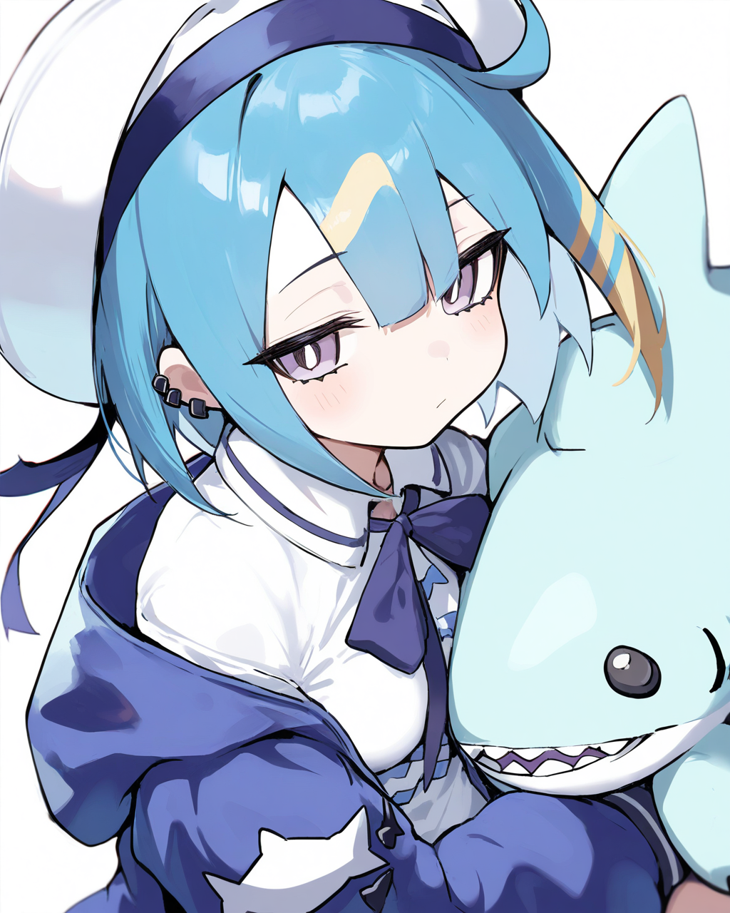 1girl,
LiveTwinLil-laYu-Gi-Oh,
safe, solo, dynamic angle, upper body, chibi,
sailor hat, hat ribbon, 
hooded jacket, neck ribbon, puffy sleeves,
collared dress, breasts,
holding stuffed toy, stuffed shark,
simple background,
depth of field,
<lora:kp_LiveTwinLil-laYu-Gi-OhAnimagineXL_v1_1:1.0>,
masterpiece, high score, great score, absurdres