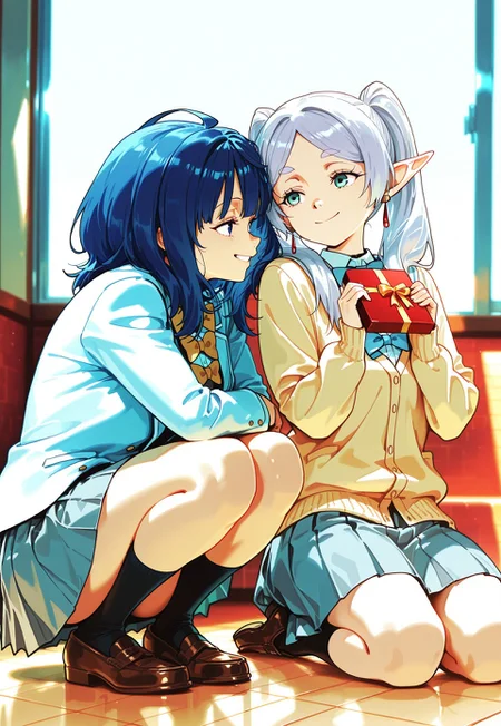 score_9, score8_up, score_7_up BREAK source_anime, masterpiece, best quality, ultra-high resolution, incredible composition, 2girls, frieren | holding box of chocolate, anna-default, yanami anna, blue eyes, blue hair, medium hair, school uniform, white jacket, long sleeves, yellow cardigan, bowties, grey skirt, pleated skirt, black socks, loafers, hugging, happy, smiling, looking at each other, full of love, detailed hand