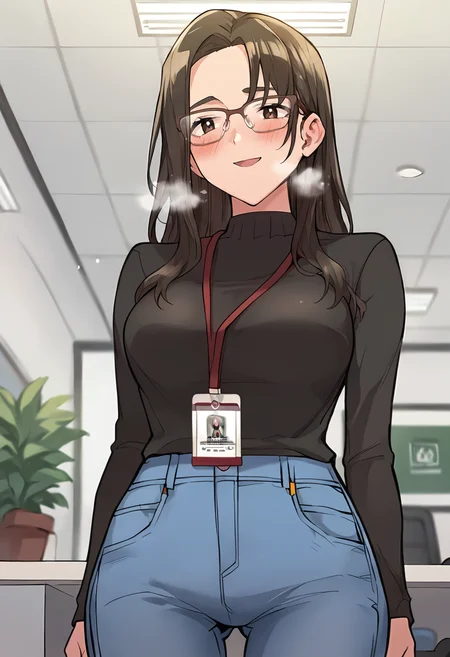 score_9, score_8_up, score_7_up, masterpiece, source_anime, 1girl, ct_yeon, long hair, semi-rimless eyewear, black turtleneck sweater, lanyard, id card, jeans, looking at viewer, depth of field, indoors, office, happy, blush, breath, facing viewer, from below,<lora:SoYeonGoo_Pony_ct:0.9>